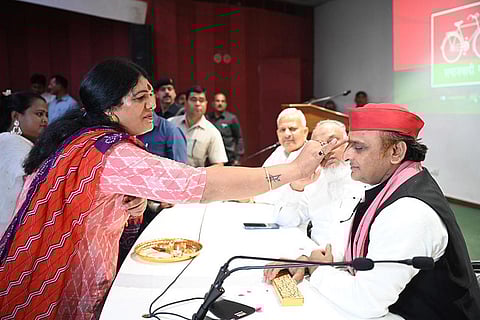 Samajwadi Party President Akhilesh Yadav being greeted during Raksha Bandhan celebration in Lucknow